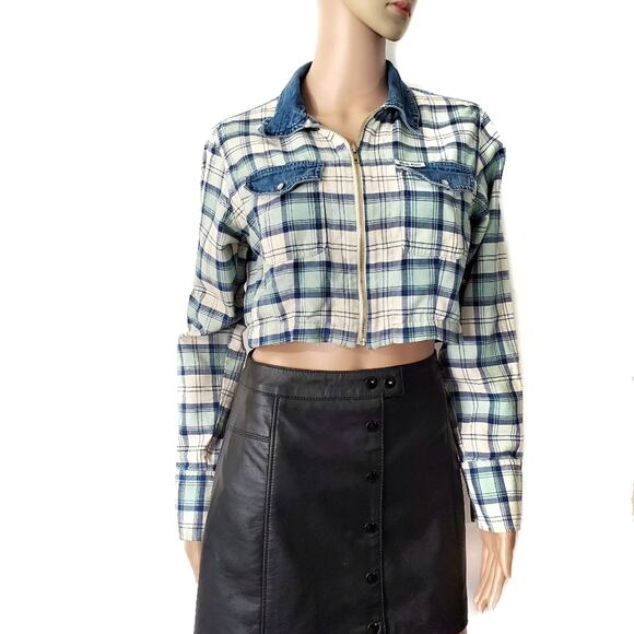 Guess | Vintage 90s Plaid Denim Crop Zip Top - Picture 1 of 9